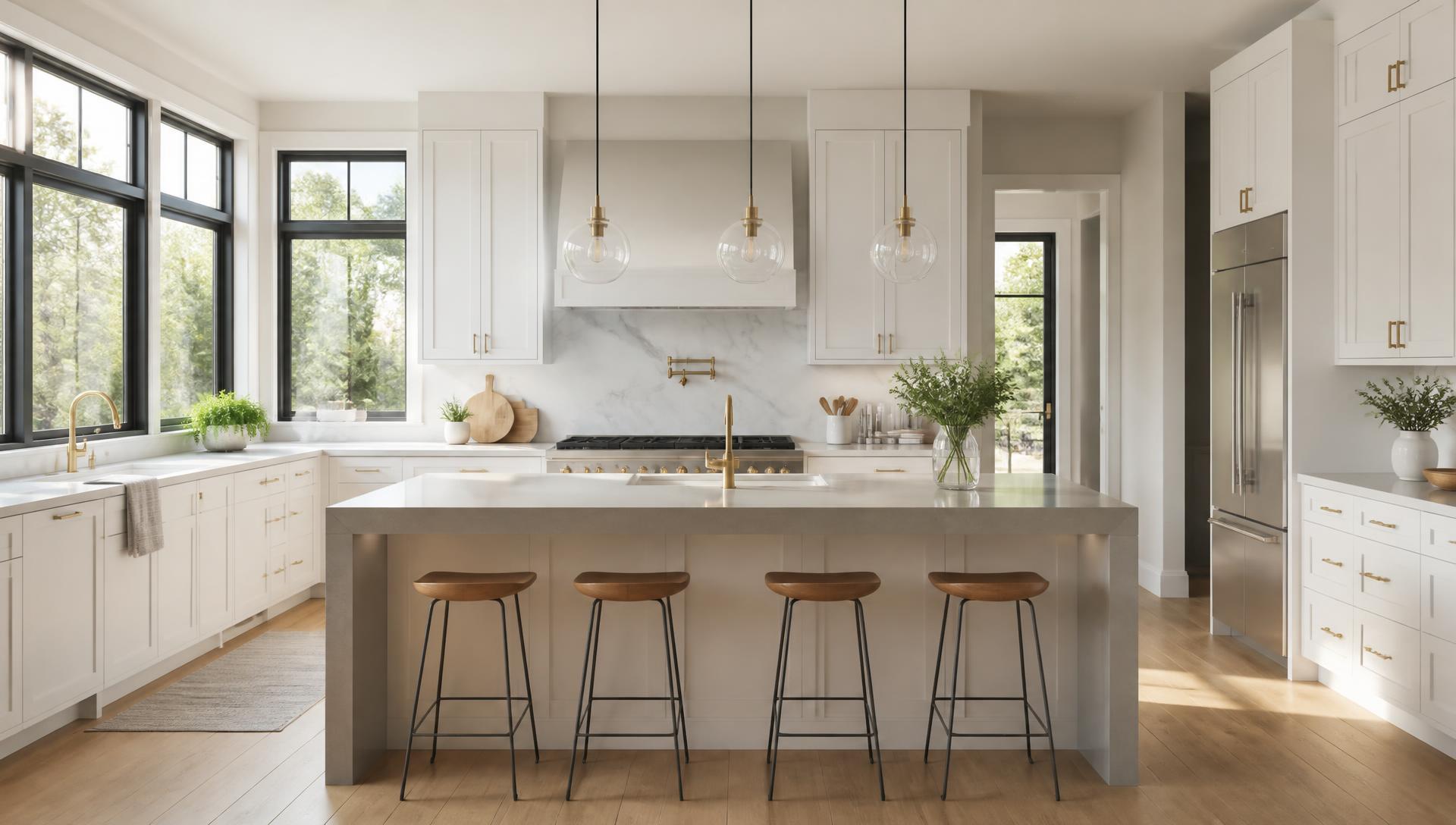 Modern white kitchen with a large island